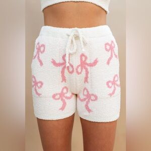 Comfy Luxe High Waisted White & Pink Bow Print Loungewear Shorts Womens Size M/L